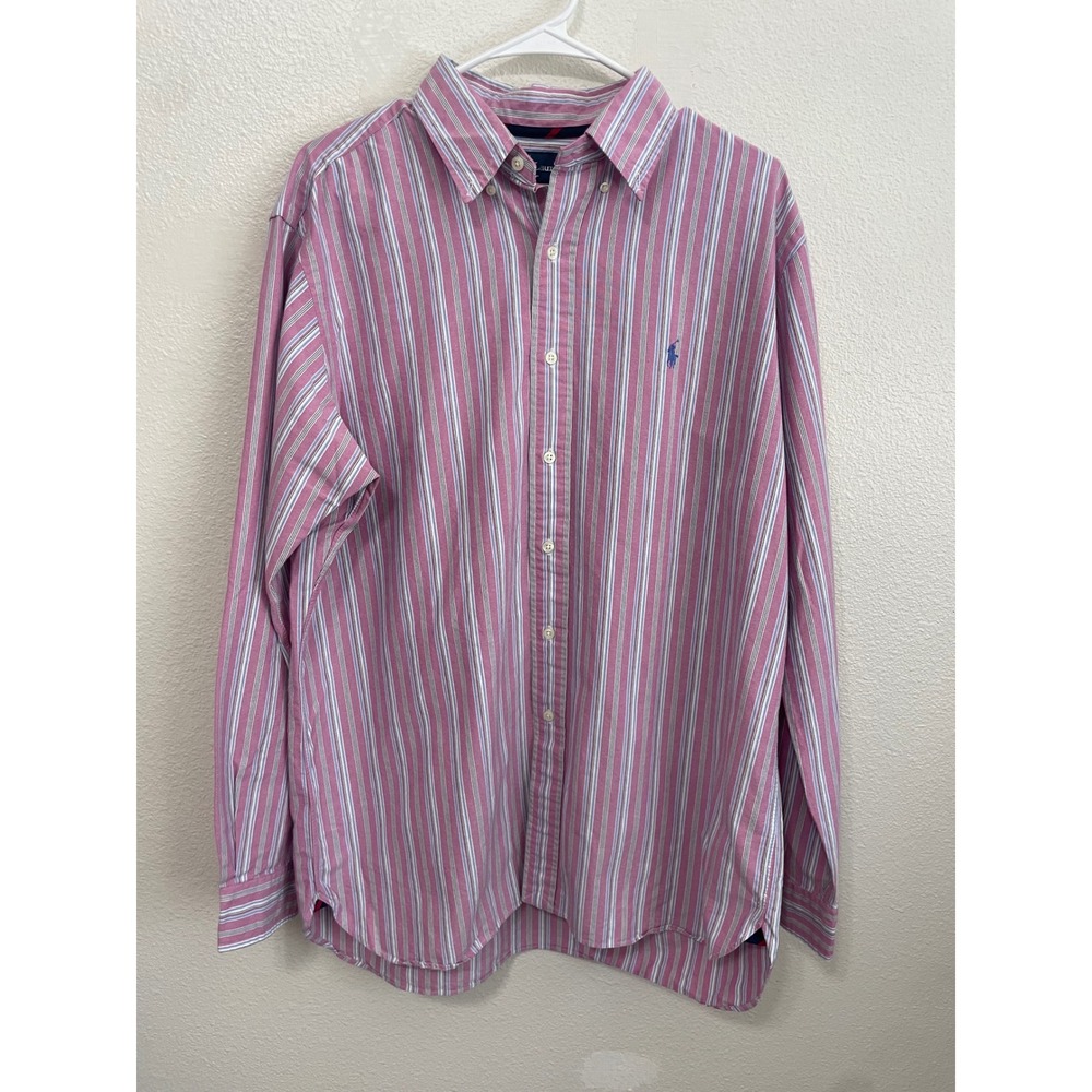 Polo Ralph Lauren Button Down Mens L Pink Striped Classic Fit Excellent Oxford
